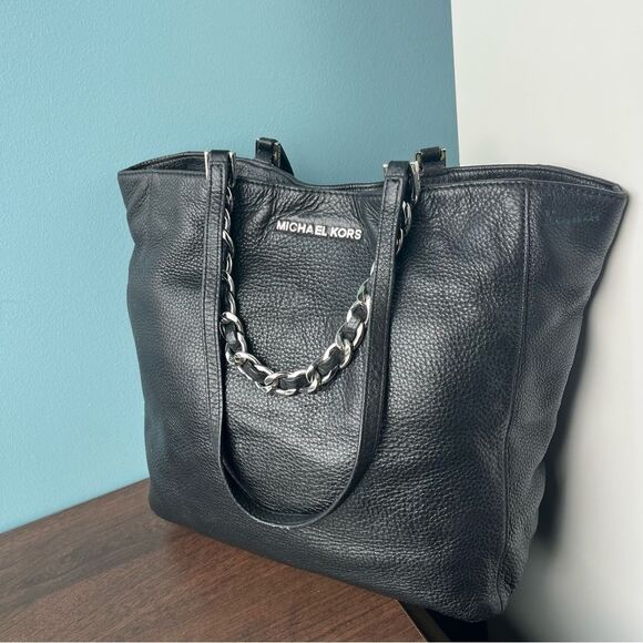 MICHAEL KORS Black Leather Jet Set Voyager Hamilton Harper Tote Laptop Work Bag - Picture 7 of 15